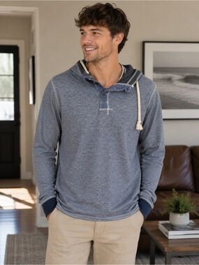 Univibe Heather Blue Hooded Long-Sleeve Henley with Contrast Trim